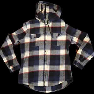 Women's Empyre Hooded Button Up Flannel Red, Blue, White, and Black Size M